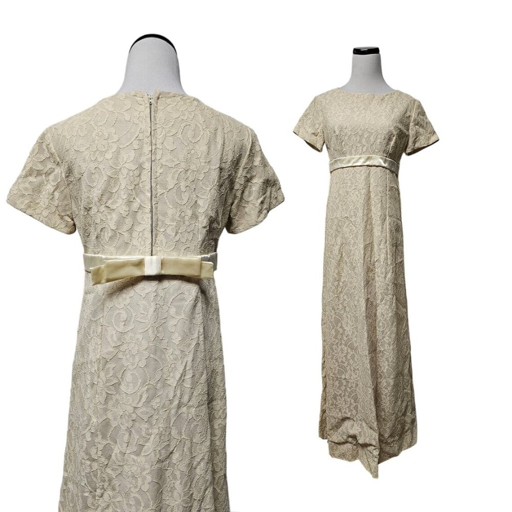 60s - 70s lacy off white short sleeved empire long dress with train . fits S - M